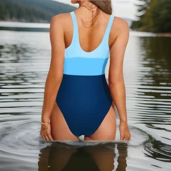 One Piece Swimsuit Women’s Small Blue Colorblock Scoop Neck Tummy Control - Picture 3 of 9